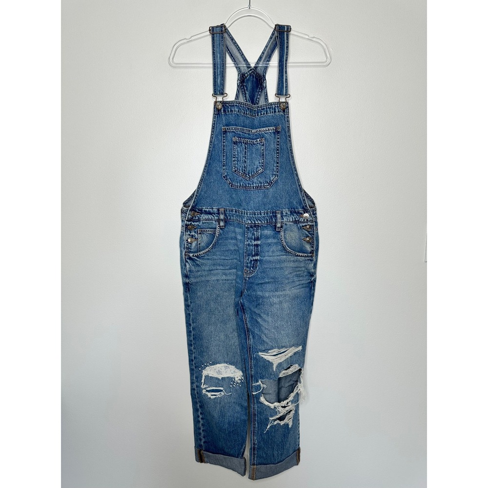 American Eagle Tomgirl Overalls Size M Blue Distressed Denim Bib Patchwork